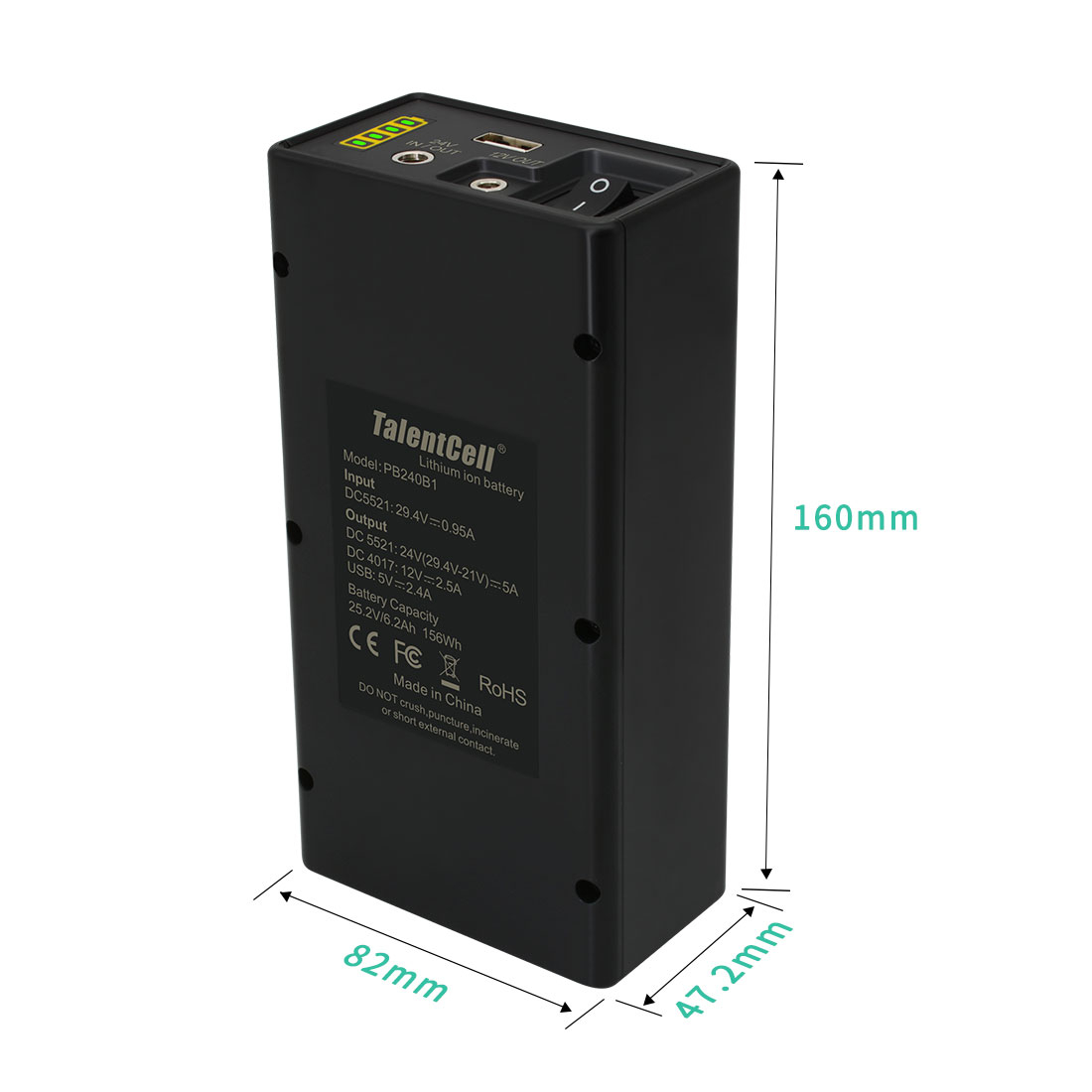 PB240B1 25.2V 6200mAh Lithium Ion Battery Pack with 24V/12V DC & 5V USB Outputs | Multi-Port Rechargeable Power Supply for Electronics